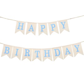Burlap Happy Birthday Banner, Blue Assembles Hessian Happy Birthday Garland Linen Birthday Bunting Sign for Home Outdoor Party Decorations Supplies