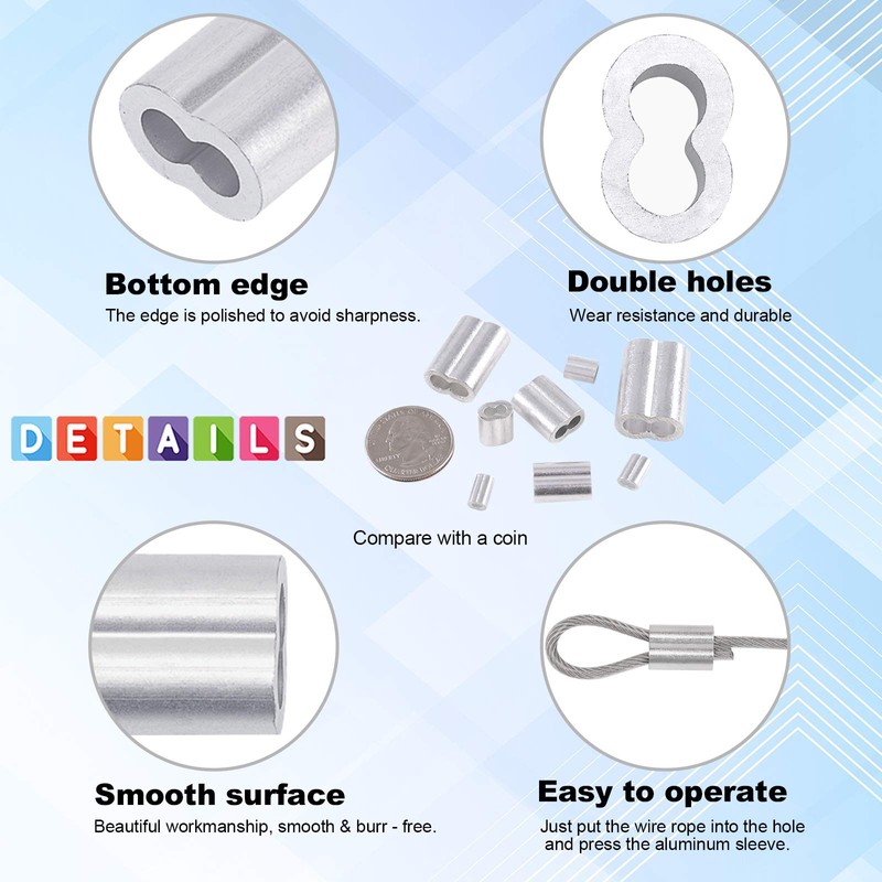 Glarks 150Pcs 1/8''(3mm) Aluminum Crimping Loop Sleeve Wire Rope Sleeves