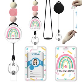 Icycay Rainbow Teacher Lanyards for Id Badges, ID Badge Holder with Silicone Beaded Lanyard Badge Reel Retractable Clip, Cute Lanyard with ID Holder Retractable Keychain Office Name Tag Badge