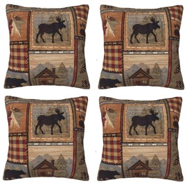 DATANSEN Set of 4 Square 18x18 inch Retro Brown Throw PillowCovers Rustic Lodge Bear Moose Decorative Throw Pillowcase for Home Sofa Soft Velvet Cushion Cases (45x45 cm) House Cabin Pine Nut
