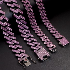 shopbyskyler 2PCS Clustered Diamond Tennis Chain Miami Cuban Link Chain for Women 15MM Clustered Heart Iced Out Miami Cuban Necklace Hip Hop Jewelry (16inch/18inch, Purple-3)