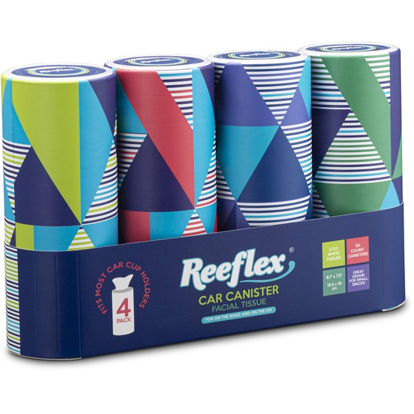 Reeflex Car Tissues (4 Canisters/200 Tissues) - Disposable Facial Tissues Boxed in Canisters with Perfect Cup Holder Fit | Quality Car Travel Tissues that are Soft, Durable, 2-Ply, Thick & Convenient