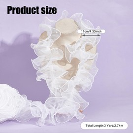 NICENEEDED 3 Yards White Organza Lace Ribbon, Pleated Gather Ruffle Edge Trim Satin, Sewing Edging Trimming Fabric with Pearl Beads for Applique Wedding Dress Embellishment