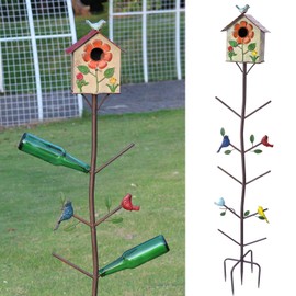 Multifunctional Metal Bird House Glass Bottle Tree Stake for Outdoor Colorful Garden Decorative Bottle Holder & Outdoor