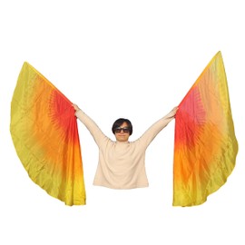 Winged Sirenny 70" Worship Angel Wing Silk Flags with Flex Rods, Circular Handpainted Feather Light Fluid Translucent Silk Banner (Fire)
