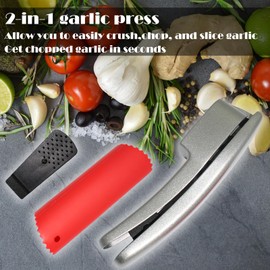 QPQ 2-in-1 Professional Garlic Press, Aluminum Kitchen Tool with Built-in Cleaner, Manual Crusher and Mincer for Unpeeled Garlic Cloves