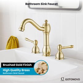 gotonovo 8 Inch Widespread Bathroom Faucets for Sink 3 Hole 2 Lever Handle Deck Mount with Pop Up Drain Hot and Cold Water Supply Lines Brushed Gold