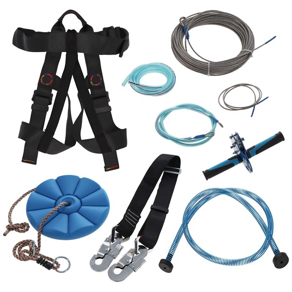 Get Out! 110ft Zipline Kit with Harness, Trolley, Spring Brake, Seat - Metal Zip Line Backyard Outdoor Equipment 250 lbs