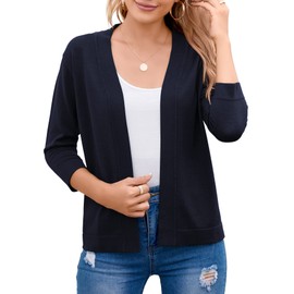 Bettysays Women's 3/4 Sleeve Open Front Cropped Cardigan Sweater Elegant Shrugs for Women (Large,Navy Blue)
