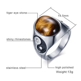 LAFATINA Vintage Yin Yang Balance Wedding Bands Men's Women Stainless Steel Tiger Eye Stone Tai Chi Class Rings, Size Q