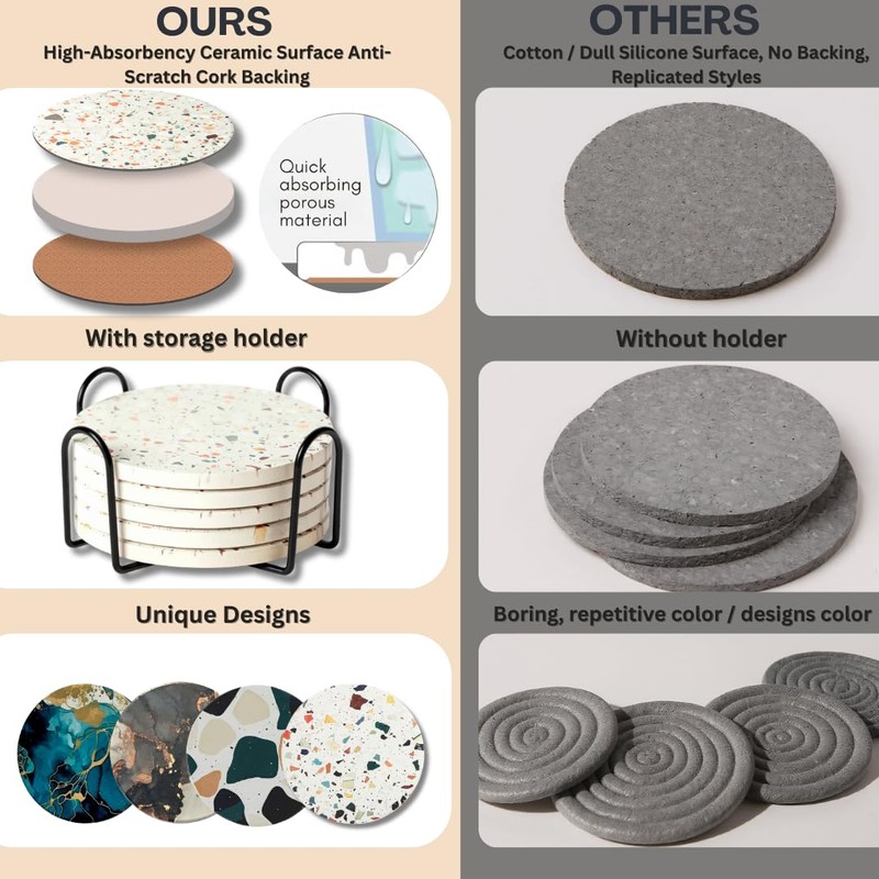 Terrazzo Drink Absorbent Coasters with Holder Set of 6, Ceramic