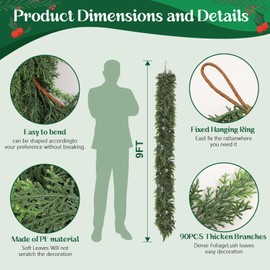 6ft Christmas Cedar Garland with Soft Thickness Pine，Thick and Lush,Artificial Green Faux Cedar Pine Garland for Christmas Winter Home Mantel Fireplace Holiday Party Décor