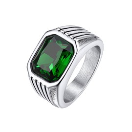 Bestyle Chunky Signet Ring for Men, Stainless Steel Green Emerald Ring Synthetic Gemstone Band Ring Biker Ring for Men, Thumb Pinky Ring Mens Fashion Ring Jewelry Size 7