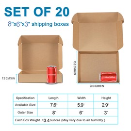 DUZCLI Small Shipping Boxes 8x6x3 Inches - Kraft Brown Corrugated Cardboard Boxes (20-Pack) for Mailing, Packing, Small Business & Gift Packaging - Recyclable & Sturdy