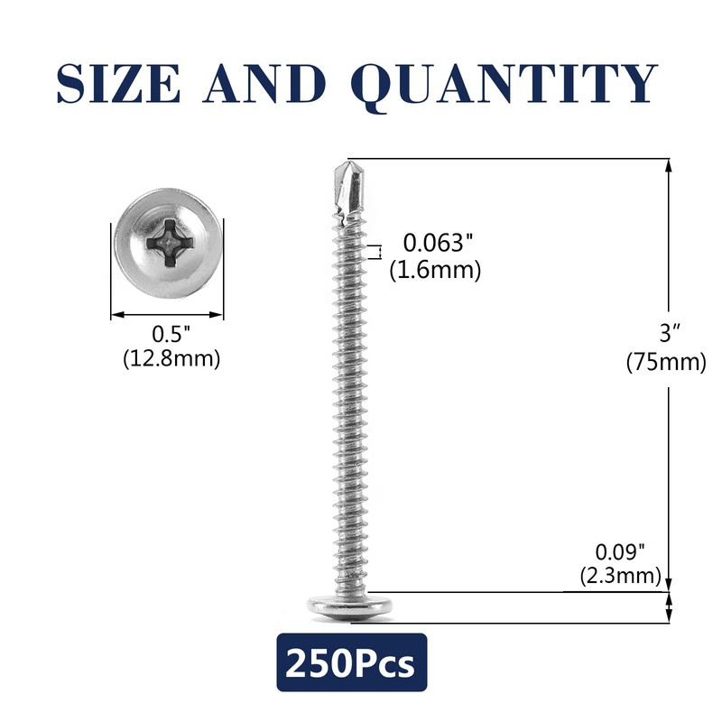 #10 x 3 Sheet Metal Screws 250PCS 410 Stainless Steel