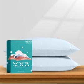 XOOX Linen 100% Egyptian Cotton Pillow Cases King Size Set of 2 - Luxury 1200 Thread Count Sateen Light Blue Pillow Covers, Soft & Breathable 5 Star Hotel-Quality Pillowcases, Fits King Size Pillows