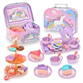 Rainbow Horse 33 Piece Tin Play Tea Set for Toddlers - Children's Tea Party Pretend Play Toys with Plates, Teapot, Dessert Toys