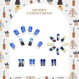 Christmas Press on Nails Medium Coffin Fake Nails Snowflake False Nails Designs Cute Christmas Tree Full Cover Winter Glossy Glue on Nails Xmas Stick on Nails Acrylic Nails for Women Girls 24Pcs