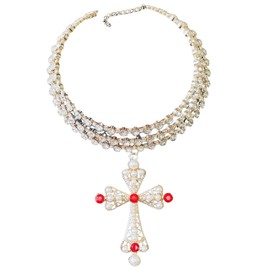 Ekwikzz Dark Punk Gothic Lolita Necklace - Gemstone Beads with Crucifix Cross, Catholic Crystal Rosary, Unique Pearl Jewelry Gifts for Women Gold Beads-RE WH Hollow Cross