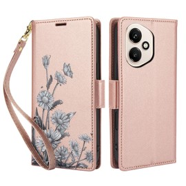 KQXG Case for Honor 400 – Premium Synthetic Leather Wallet Cover, Magnetic Flip, Foldable Kickstand, Full Protection, Card Slots, Butterfly & Daisy Pattern -Rose Gold