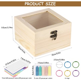Weskjer Index Card Box, Wooden Storage Box with 300 Multi-Color Index Cards and 100 Multi-Color Label Stickers, Flash Card Storage Box with 6 Color Ring Buckles for Recipe Cards Jewelry, DIY