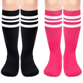 qikqik Toddler Soccer Socks Kids Boys Girls Youth Football Striped Tube Knee High Socks, 2 Pack Hot Pink/White, Black/White, 3-6 Years