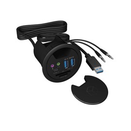 ICY BOX IB-Hub1404A Tisch-Hub (60 mm) zum Einbau, 3x USB 3.0 (2x Type-A, 1x Type-C), Kartenleser (SD/MicroSD), Audio Ein-/Ausgang, Kabeldurchführung, Schwarz