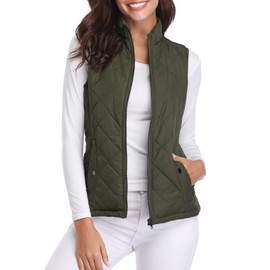 Fuinloth Women's Quilted Vest, Stand Collar Lightweight Zip Padded Gilet Green M