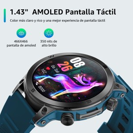 FreshFun Smartwatch 1.43" AMOLED con Llamada Bluetooth, Reloj Inteligente Hombre Impermeable IP67, Monitor de Frecuencia Cardíaca/Oxígeno en Sangre/Sueño, 100+ Modos Deportivos para Android/iOS, Azul