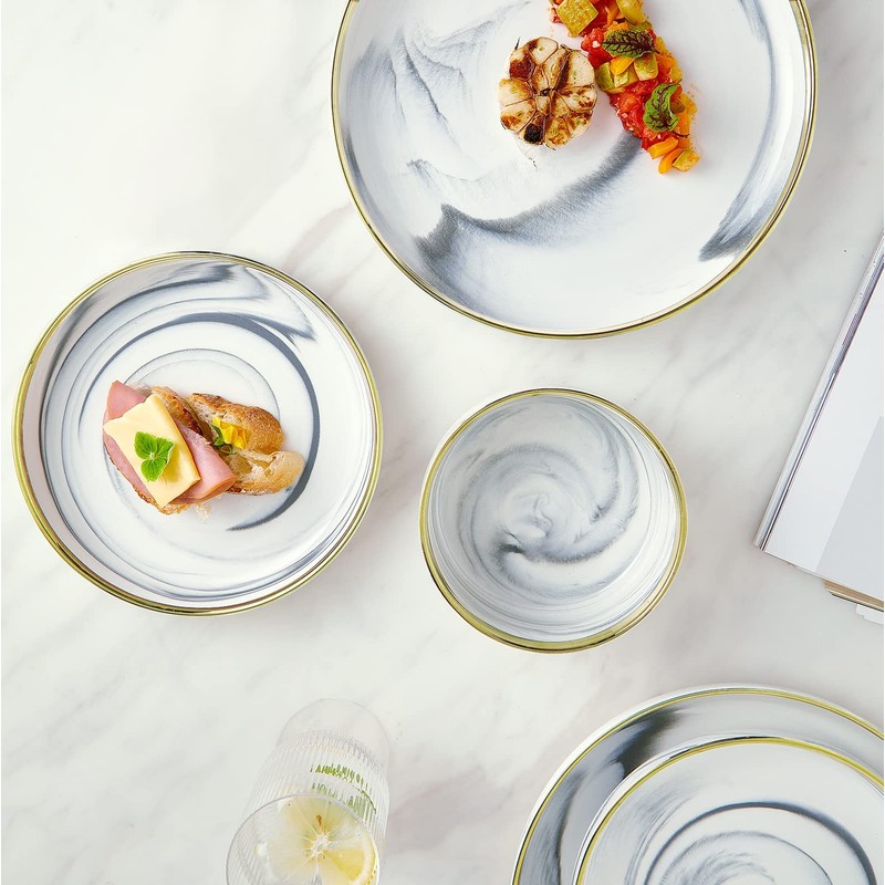 Pokini Marble Gold Rim Dinnerware Sets, Porcelain Plates and Bowls