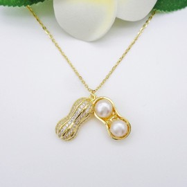 Hiqmic 925 Sterling Silver Cute Peanut Pearl Pendant Necklace White Gold Plated Jewelry Gifts for Women 16", WA99055-Gold