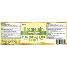 Herba Herba Bromelain Supplement 600mg – 180 Capsules | 2,400 GDU/g Max Potency | Powerful Digestive Enzymes for Women and Men | Made in Canada