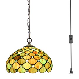 MQYXH Tiffany Lamp Brownish Green Pearl Stained Glass Plug in Pendant Light Vintage Swag Lamp 12X12X180 Inch Hanging Lamps for Dining Room Living Room Office Bedroom or Porch