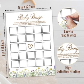 MXLINSW Wildflower Baby Shower Games, Bingo Game Cards, 25 Gender Neutral Cards, Floral Gender Reveal Party Supply Kit, Baby Shower Decorations(5''x7'')-A28