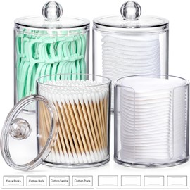 AOZITA 4 Pcs, Acrylic Qtip Holder Dispenser for Cotton Swab, Ball, Round Pads, Floss Picks - Clear Plastic Apothecary Jar Set for Bathroom Canister Storage Organization, Vanity Makeup Organizer
