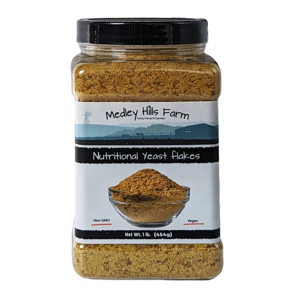 Nutritional Yeast Flakes by Medley hills farm 1 Lb. in Reusable Container - Fortified Nutritional Yeast - Non GMO - Vegan - Gluten Free