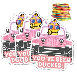 You've Been Ducked, Cute Duck Tags Game Card, 35 Pack 3 x 2.4inch, with Round Hole and 50 Rubber Bands, Duck Design and SUV Car (Glitter Pink Design)