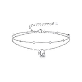 Suplight Anklets Bracelets for Women Waterproof Sterling Silver Layered Dainty Beaded Initial Ankle for Women Beach Foot Chain Letter G (With Gift Box)