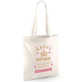 D Design Invent Print! 90th Birthday Gift Bag for Men Women Funny Gift Tote Shopping Bag Keepsake Age 90 Present 42cm x 38cm (Cotton, Natural)