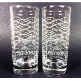 Patron Pair (2) New Patron Tequila Highball Glass Tom Collins Cocktail Tumbler Bee Logo