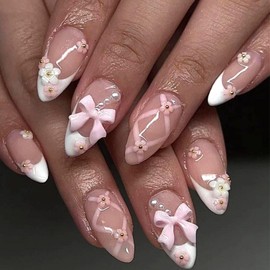 Almond Press on Nails Pink Medium Flower Fake Nails with 3D Bow Design Ribbon Glue on Nails Winter Nail Press ons White French tips False Nails Full Cover Glossy Fall Nail for Women Manicure 24pcs