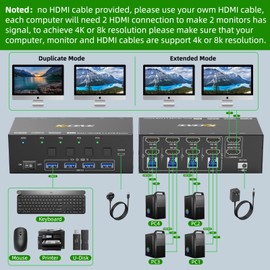 8K KVM Switch 2 Monitors 4 Computers HDMI 8K@60Hz 4K@144Hz, USB 3.0 Dual Monitor KVM Switch for 4 Computers Share 2 Monitors and 4 USB 3.0 Ports, Supports EDID, Wired Remote and Cables Included