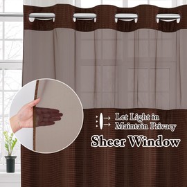 Gibelle No Hook Waffle Weave Shower Curtain with Snap-in Fabric Liner Set for Bathroom, Hotel Style with Mesh Top Window, Waterproof & Washable, Brown, 72x74