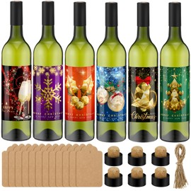 6 Set 750ml Glass Wine Bottles with Christmas Wine Bottle Stickers 25 oz Green Glass Bottles with Cork Lids Brewing for Wine Making Empty Liquor Bottles for Homemade Xmas Gift