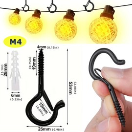 Screw Hooks, Pack of 15 Stainless Steel Hook Screws, Black Ceiling Hooks, Heavy Duty with Safety Buckle with Screws, Hooks for Screwing for Plant Baskets, Bird Feeders, Wind Chimes, Fairy Lights