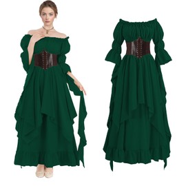 Renaissance Dress Medieval Victorian Court Regency Dress Pirate Queen Princess Elven Costume Fairytale Outfit Women (Green, L/XL)