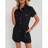 Roskiky Women's Summer Pockets Belt Romper Button Short Sleeve Jumpsuit