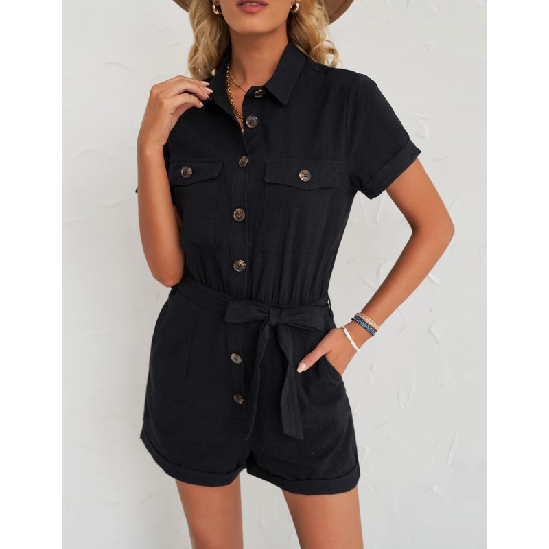 Roskiky Women's Summer Pockets Belt Romper Button Short Sleeve Jumpsuit