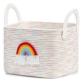 Organizador de pañales para bebés, con cesta de mano, cesta de cuerda tejida, cesta de almacenamiento de arco iris, cesta de juguete decorada con borlas (Arcoíris)