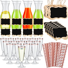 Didaey 74 Pcs Mimosa Bar Supplies 34 oz Plastic Water Carafe with Lids Juice Pitcher Carafes Plastic Champagne Flutes Mimosa Glasses with Wooden Chalkboard Tags Stickers Straws (Rose Gold Rim, Clear)